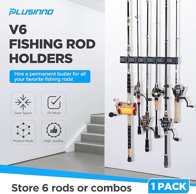 PLUSINNO Fishing Rod Holders - V6 Vertical Support for Extra Large & Heavy Fishing Rod Combos, Garage & Wall Mounted Rack Storage