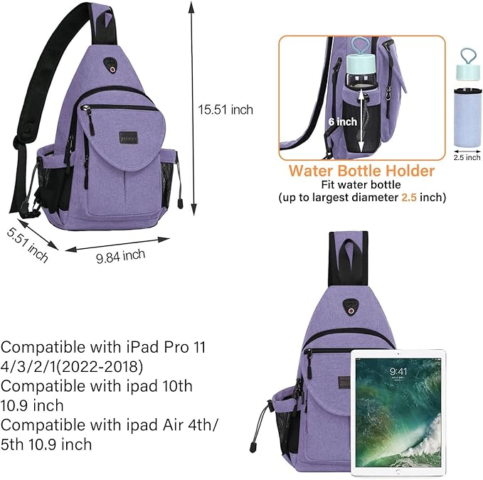 MOSISO Sling Backpack,Canvas Crossbody Hiking Daypack Bag with Anti-theft Pocket, Lilac