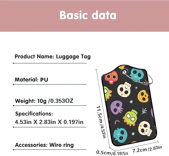 Luggage Tags for Suitcases, 2-Pack PU Leather for Cruise & Travel, Baggage ID Tags with Privacy Cover & Address Card, Durable Metal Ring, Kids Adults Travel Accessories, Sugar Skulls