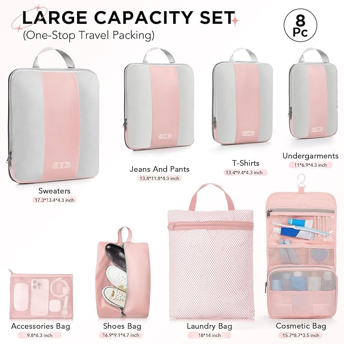 8 Set Compression Packing Cubes for Travel Essentials,Compressible Expandable Packing Cubes for Suitcase,OlarHike Luggage Organizer Bags for Travel,Handy Helper for Organizing Clothes(Pink)