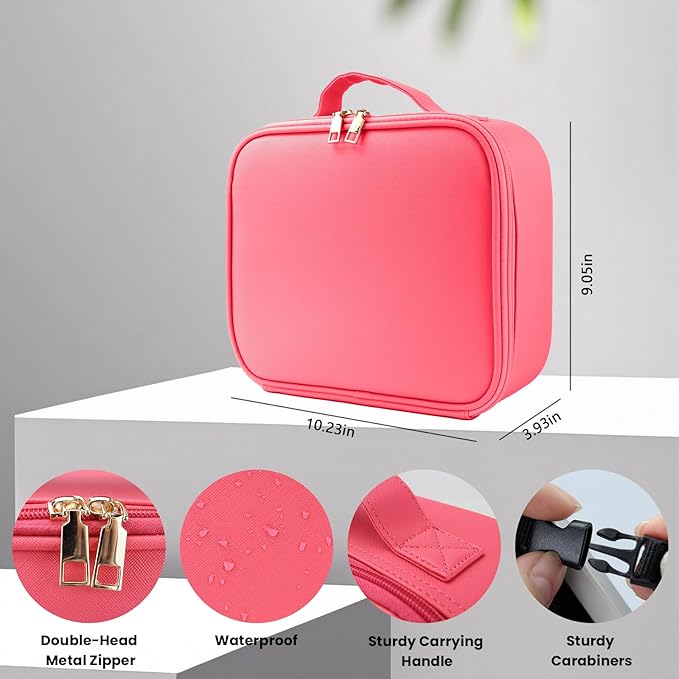 Travel Makeup Bag with LED Mirror and Light Makeup Travel Bag Organizer Portable Cosmetic Brush Organizer Bag with Adjustable Dividers for Cosmetics Makeup Brushes Toiletry (Light Red)