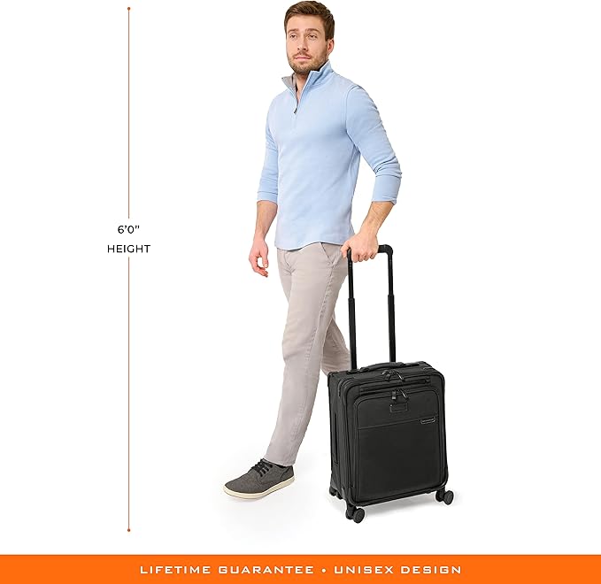 Briggs & Riley Compact 19" Carry-On Expandable Spinner - Carry On Luggage for Travel, Suitcases with Wheels, Softside Rolling Bag for Men & Women, Garment Panels - Baseline Collection, Black