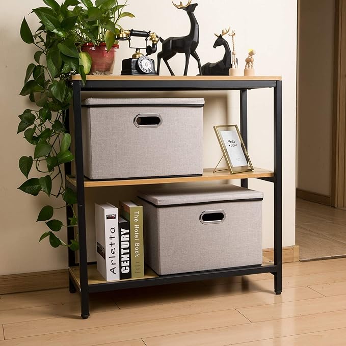 PRANDOM Large Foldable Storage Bins with Lids [3-Pack] linenFabric Decorative Storage Boxes Organizer Containers Baskets Cube with Handles Divider for Bedroom Closet Office Light Grey(17.7x11.8x11.8)