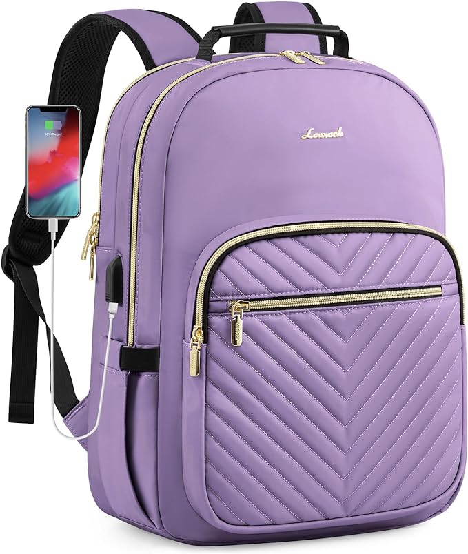 LOVEVOOK Laptop Backpack Purse for Women, Work Travel Computer Bags, College School Backpack for Student Girl, Quilted Casual Daypack with USB Port, Fit 15.6 Inch Laptop, Purple