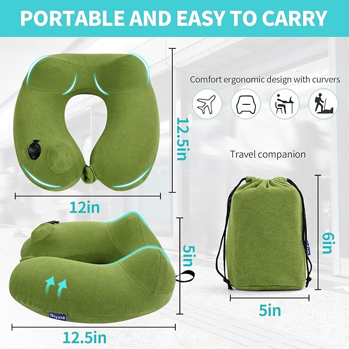 Inflatable Travel Neck Pillow for Airplane, Head Support Velvet Adult Neck Pillow for Long Flight, Kit with Eye Mask, Earplugs and Storage Bag,1, Green