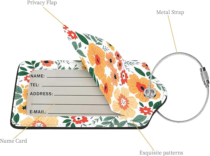 2 Pcs Luggage Tags for Suitcase, Cute Unique PU Leather Travel Bag Tag with Privacy Cover ID Label Address Card and Durable Metal Ring Suitable for Men Women Children Backpack,Yellow Flower
