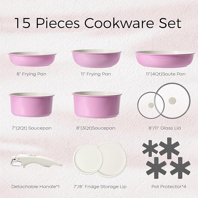15Pcs Pots and Pans Set Non Stick, Cookware Sets with Detachable Handle, Nonstick RV Kitchen Cooking Tools Removable Handles, Oven Safe, Induction Fast, Stackable Induction Cookware, Pink