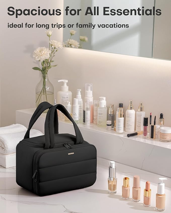 HOTOR Travel Toiletry Bag - Wide-Open Toiletry Bag for Women, Multi-Pocket Makeup Bag for Travel Essentials, Wet & Dry Separation Travel Accessories for Trip, Gym, 12.6" x 6.3" x 8.9", Black