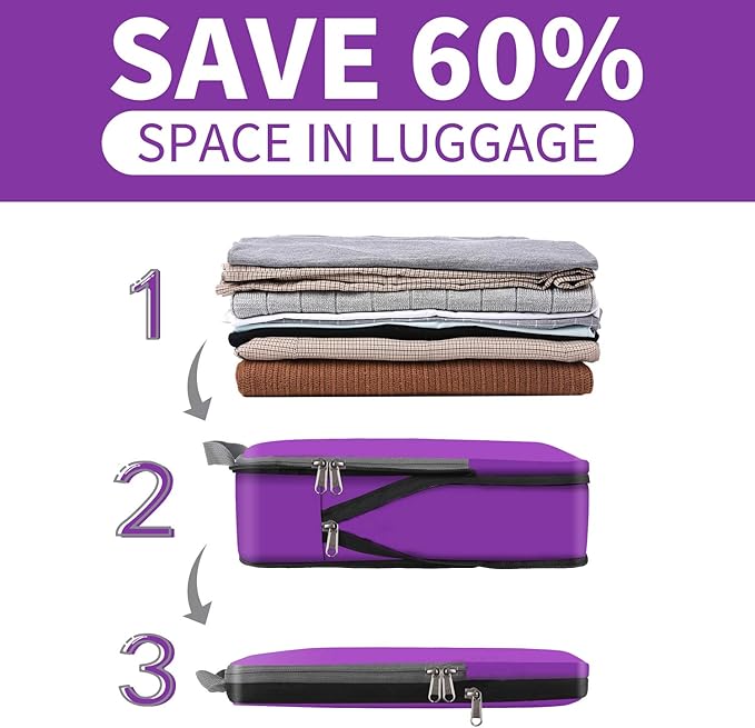 BAGAIL 4 Set/6 Set/8 Set Compression Packing Cubes Travel Accessories Expandable Packing Organizers (Cloth Pattern, 4-Purple)