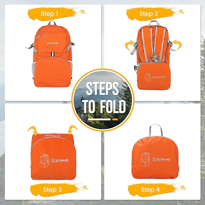 ZOMAKE Lightweight Packable Backpack 35L, Light Foldable Backpacks Water Resistant Collapsible Hiking Bag, Compact Folding Day Pack for Travel Camping(Orange)