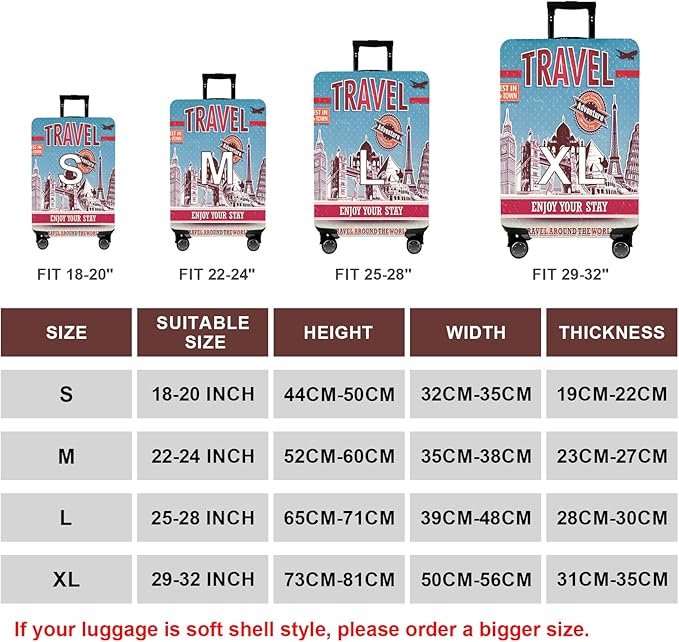WUJIAONIAO Travel Luggage Cover Baggage Suitcase Cover Protector Skins 18-32 Inch (Tourist Attraction A28, L (for 25-28 inch luggage))