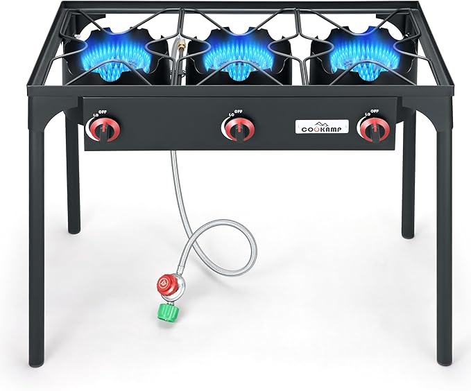 High Pressure Triple Propane Burner Outdoor Propane Camping Stove with 0-20 PSI Adjustable High Pressuer Regulator and Steel Braided Hose 3 Burner Stove Brewing Supply SA3500
