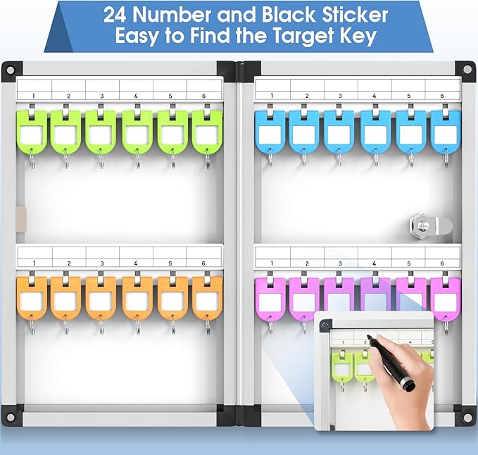 24 Slots Lock Box for Keys Wall Mount, Locking Key Cabinet, Key Storage Box with Key Hooks & Tags & Lables, 8.45" x 2.55" x 13" (Black-Key Lock, 24 Keys)