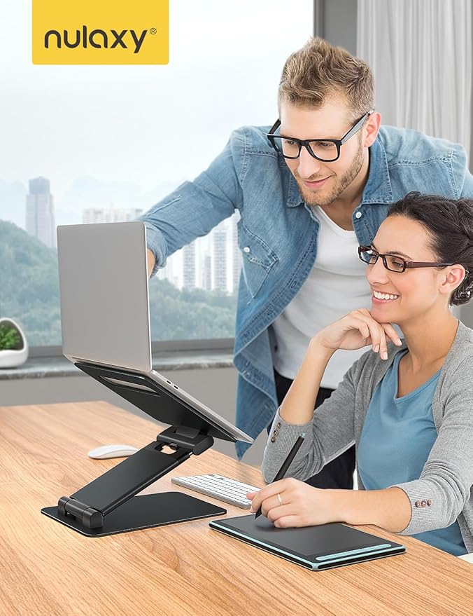 Nulaxy Height Adjustable Laptop Stand for Desk, Dual Foldable Aluminum Computer Riser, Pull Out Design Ergonomic Sit to Notebook Holder Convertor, Compatible with All 10-17" Laptops, Tablets, Black