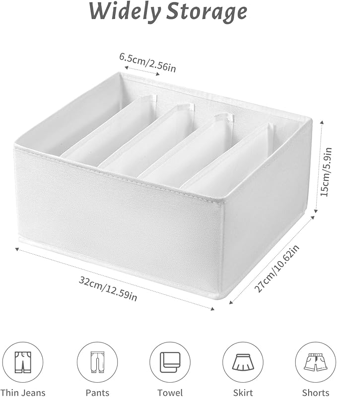 4 Packs Jeans Drawer Organizers for Clothing,5 Grids Compartment Wardrobe clothes organizer,Fabric Washable Closet Organizers and Storage Bins for Jeans,Pants,Bra,Legging,t-shirt-White