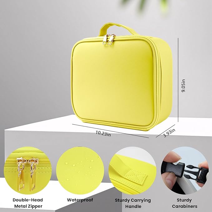 Travel Makeup Bag with LED Mirror and Light Travel Makeup Case Cosmetic Organizer Portable Cosmetic Brush Organizer Bag with Adjustable Dividers for Cosmetics Makeup Brushes Toiletry (Yellow)