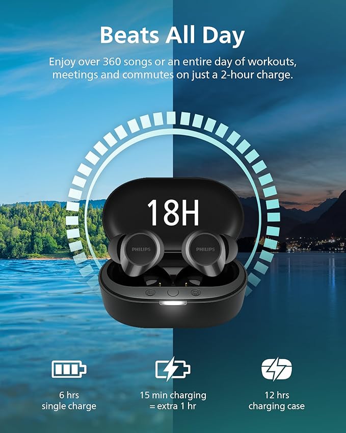 PHILIPS TAT1219 Wireless Earbuds,True Wireless Headphones,Powerful Bass with 10 mm Driver,Clear Call Quality with AI Mic,18 H Battery Life,Bluetooth 5.3,IPX4 Rating,Ergonomic Design for Comfort,Black