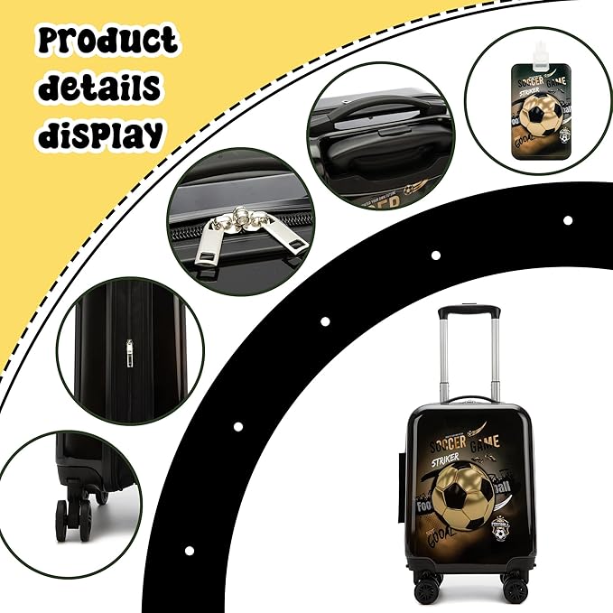 Kids Football Suitcase Set for Boys Hardside Luggage with Spinner Wheels 2 Piece 16inch Toddler Suitcase for Boys Travel Carry on Luggage Airline Approved