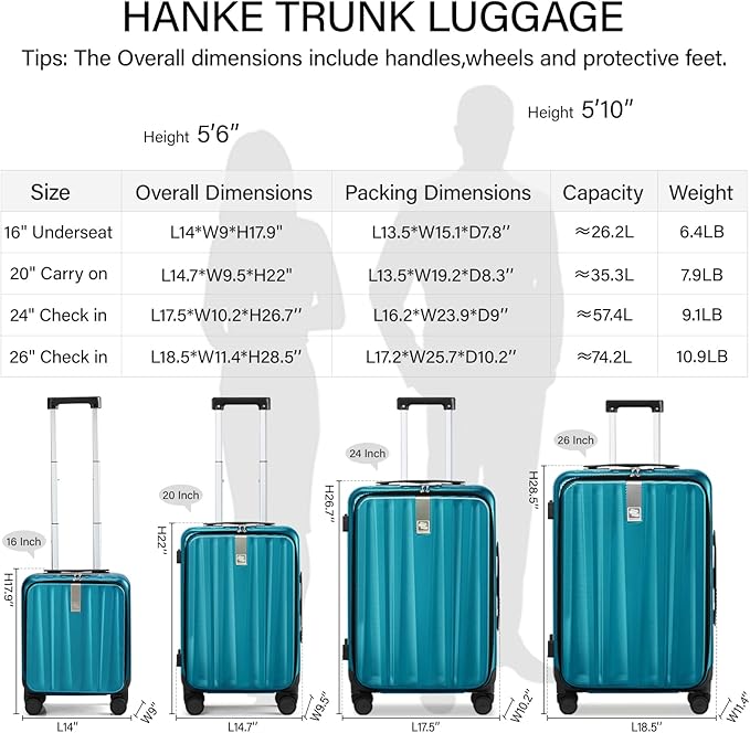Hanke 16 Inch Underseat Carry On Luggage with Wheels,Small Hard Shell Suitcases for Weekender,Top Opening Tsa Approved Lightweight Travel Luggage Suitcase Christmas Gifts for Birthday，Caribbean Blue.