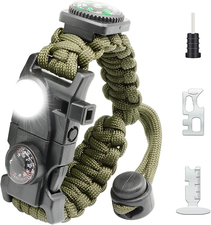20 in 1 Survival Paracord Bracelet Adjustable Gear Kit with SOS LED Light, Fire Starter, Bigger Compass, Survival Whistle, Perfect for Camping, Hiking, Fishing