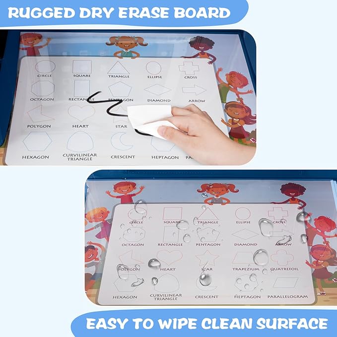 MENZOKE Kids Travel Tray, Car Seat Tray with Educational Drawing Board, Tablet Holder & Cooler Cup Holder,Essential for Car Travel & Holiday Gifts, Dinosaur Print Pattern, Dark Blue