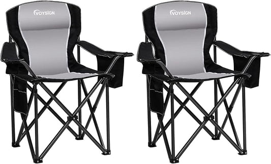 Padded Camping Chairs for Adults, Oversized Folding Outdoor Chairs, Weight Capacity 475lbs, with Cooler Bag, Cup Holder, Storage Pocket Carry Bag (Black - 2 Pack)