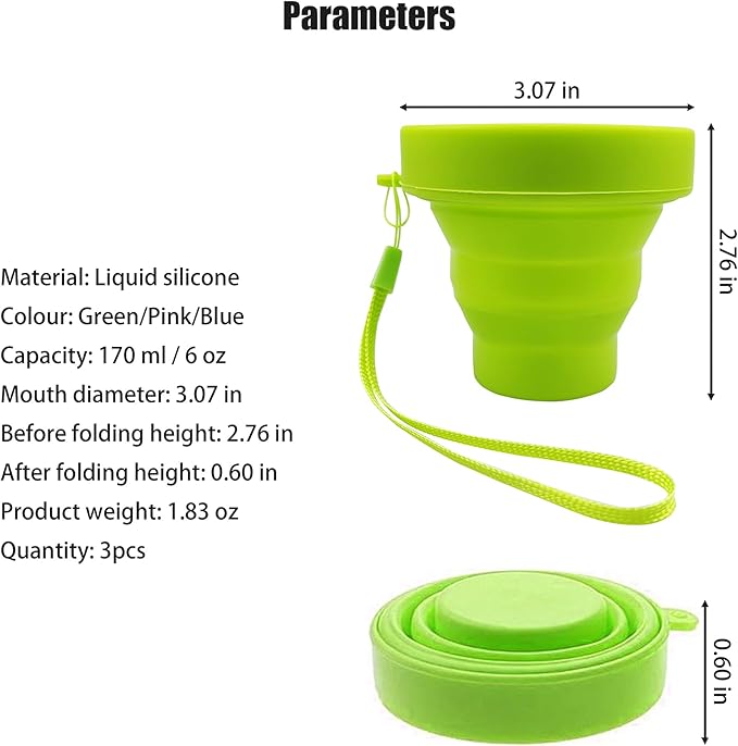Silicone Collapsible Water Cup,Outdoor Folding Reusable Mug with Lid Lanyard,Camping Travel Hiking Expandable Drinking Jug,Portable BPA Free Food Grade Container,170ml/6oz(3pcs)