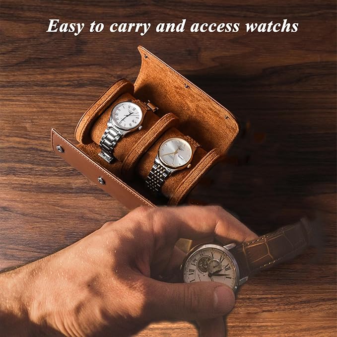 Watch Travel Case, Luxury Leather Watch Roll 2 Slot Organizer Box, Jewelry Storage Case Gifts for Man and Woman Christmas Anniversary Birthday (Brown-2slot)
