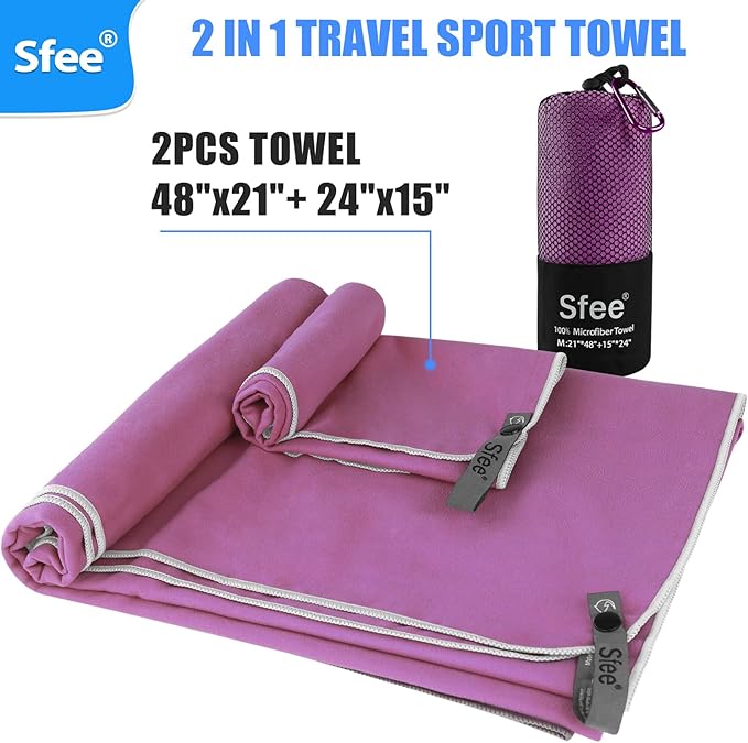 Sfee 2 Pack Microfiber Travel Towel, Quick Dry & Super Absorbent, Lightweight, Rectangular Bath Towel, Modern Purple Sports Towel for Gym, Hiking, Pool, Backpacking, Bath, Yoga
