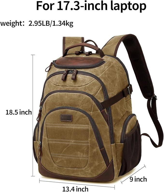 Travel Laptop Backpack 17.3 inch XL Computer Backpack for Men Waxed Canvas College Daypack Business Backpack Brown