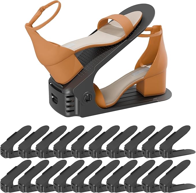 Shoe Slots Organizer, 20PCS Adjustable Double Layer Stack Shoe Rack, 50% Space-Saving Storage Rack Holder, Black