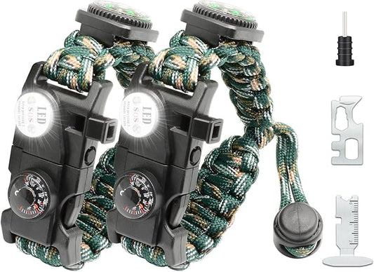 20 in 1 Survival Paracord Bracelet Adjustable Gear Kit with SOS LED Light, Fire Starter, Bigger Compass, Survival Whistle, Perfect for Camping, Hiking, Fishing