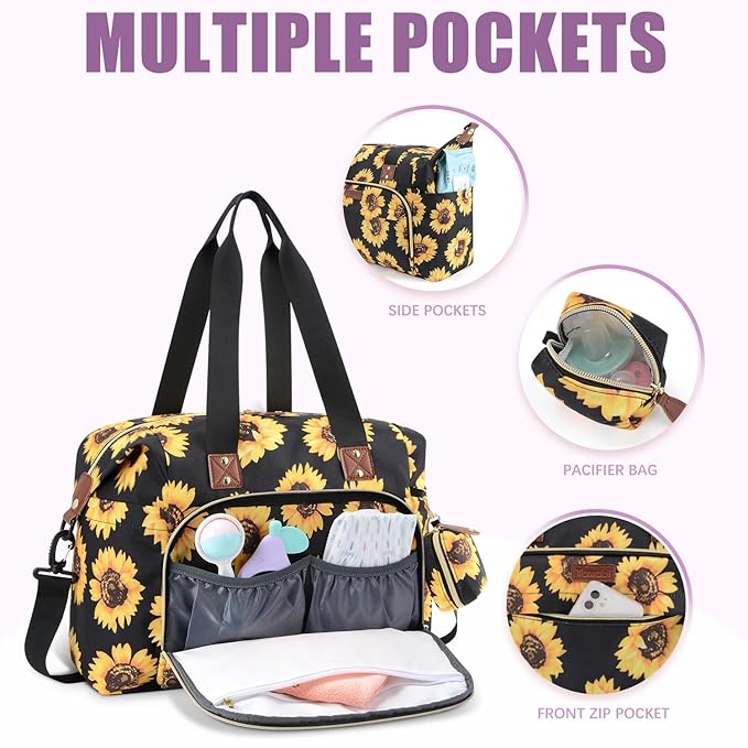 Tuwubi Diaper Bag Tote,Baby Diaper Bag with Pacifier Case Large Travel Diaper Tote Caddy for Mom and Dad Multifunction Large Baby Bag - Sunflower