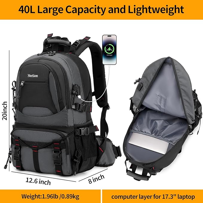 Nerlion 40L Hiking Backpack Travel Backpack for Men Women Camping Waterproof Outdoor Hiking Daypack Lightweight Backpack (Dark Gray)