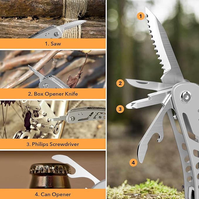 26-in-1 Multitool, Professional Stainless Steel Multi-Tool, Pocket Knife with Heavy Duty Pliers, Screwdriver, Replaceable Bits for Outdoor, (Silver)