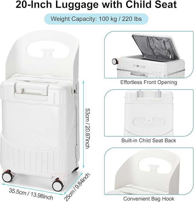 20 Inch Ride on Luggage with Seat for Kids Top Opening Aluminum Frame Suitcase with Spinner Wheels Locks for Travel(White)