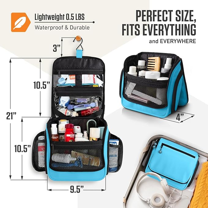 VENTURE 4TH Hanging Travel Toiletry Bag for Women & Men - Travel Organizer with Expandable Compartments & Removable Clear Pouch for Toiletries (Light Blue)