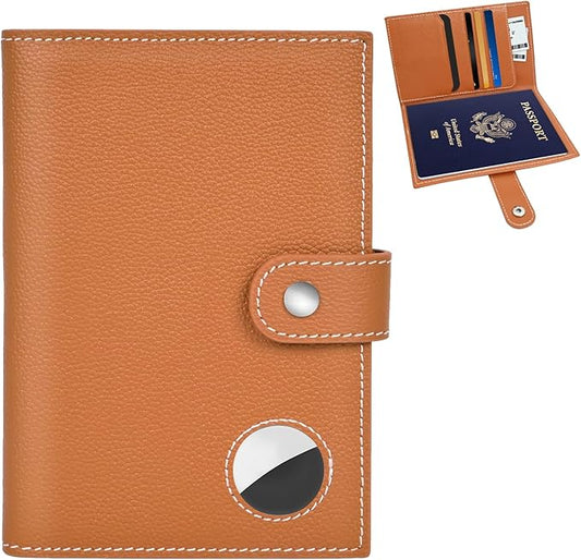 Genuine Leather Passport Holder, RFID Blocking Travel Wallet for Men/Women, Stylish Passport Cover with Airtag Slot, Durable Passport Wallet case travel essentials (Brown)