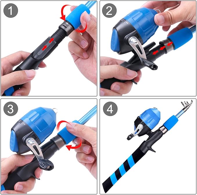 PLUSINNO Kids Fishing Pole, Portable Telescopic Fishing Rod and Reel Combo Kit - with Spincast Fishing Reel Tackle Box for Boys, Girls, Youth