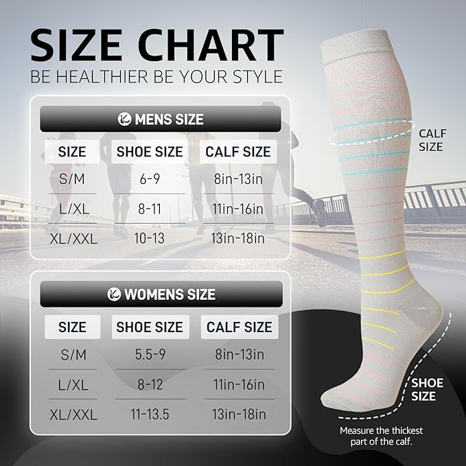 Kickticks 4 Pairs Compression Socks for Woman & Man Unisex 20-30mmHg Knee high Plus Size Wide Calves for Flying Running…
