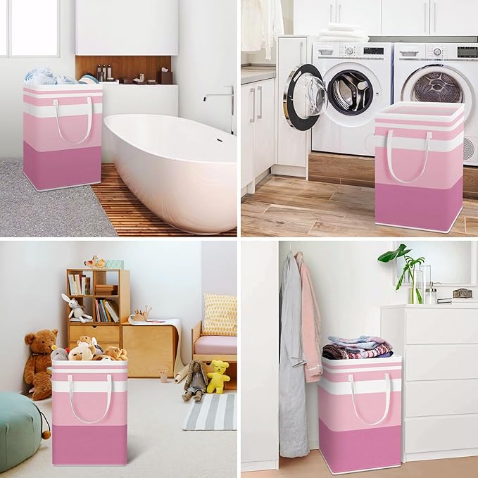 HomeHacks 2 Pack Large Laundry Baskets, Waterproof, Freestanding Laundry Hampers, Collapsible Clothes Hamper with Reinforced Handles in Laundry, College Dorm, Bathroom, Bedroom (Pink, 75Lx2)