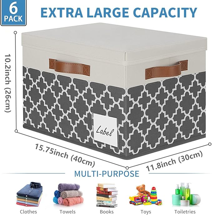 GhvyenntteS Extra Large Storage Bins with Lids, Foldable Fabric Storage Boxes with Lids and 3 Leather Handles, Storage Baskets with Label Window (6 Pack, Grey&Black, 15.75x11.8x10.2)
