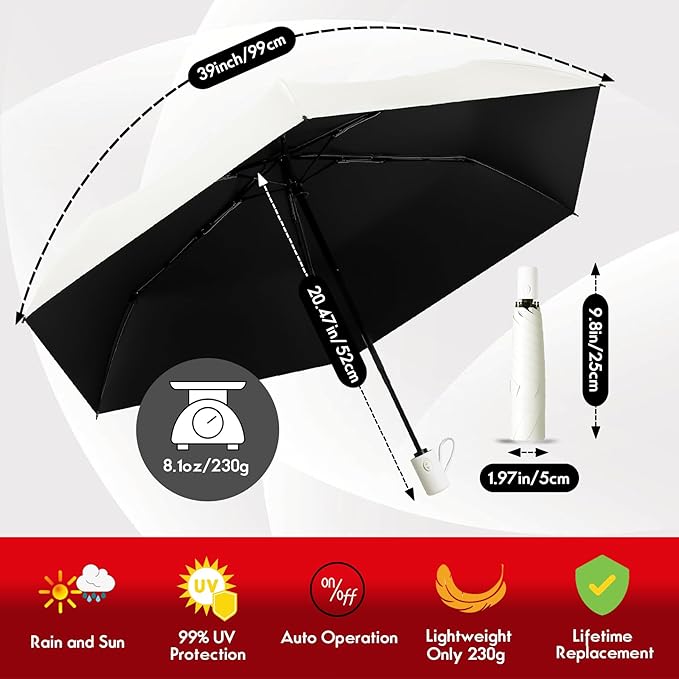 Auto Open Close Umbrella - Ultra Light Compact Travel & Backpack Size for Women and Men, UPF 50+ Eco-Friendly Sun Protection & Windproof Rain Umbrella with UV Defense