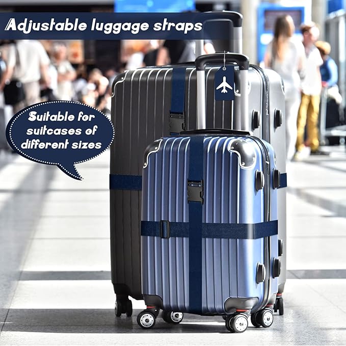 Weewooday 8 Pcs Luggage Straps Suitcase Tags Set for TSA Approved, 4 Travel Adjustable Suitcase Belt, 4 Silicone Luggage Tags with Name ID Card Travel Accessories(Dark Blue,Airplane)