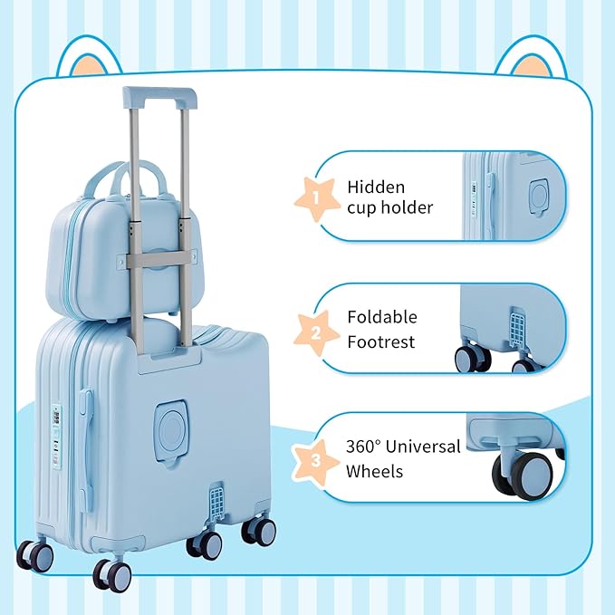 TABU Ride-on Luggage with Handbag for Kids，Hardshell Carry On Suitcase with Hidden Cup Holder, Foldable Pedal,Type-C & USB Interface, TSA Lock, 6-Spinner Wheels, Blue