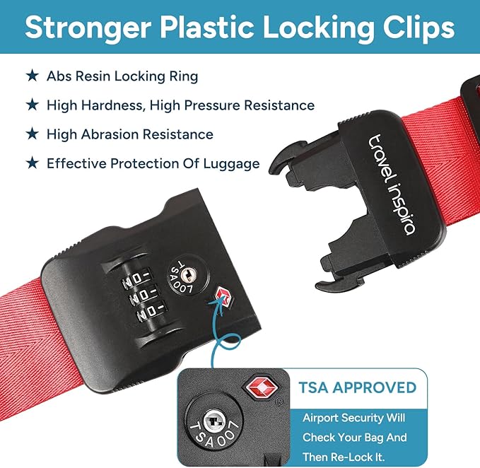 Travel Inspira TSA Lock Luggage Straps for Suitcases | Anti-Burst Protection, High Visibility Color, Easy Identification | Adjustable Heavy-Duty Belt for 20-32 Inch Suitcases