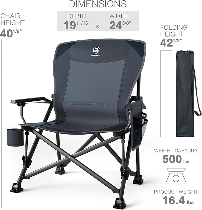 EVER ADVANCED Oversized Folding Camping Chair for Adults with Adjustable Lumbar Support, Heavy Duty Chair with Side Pockets, Portable Collapsible Quad Chair for Outside