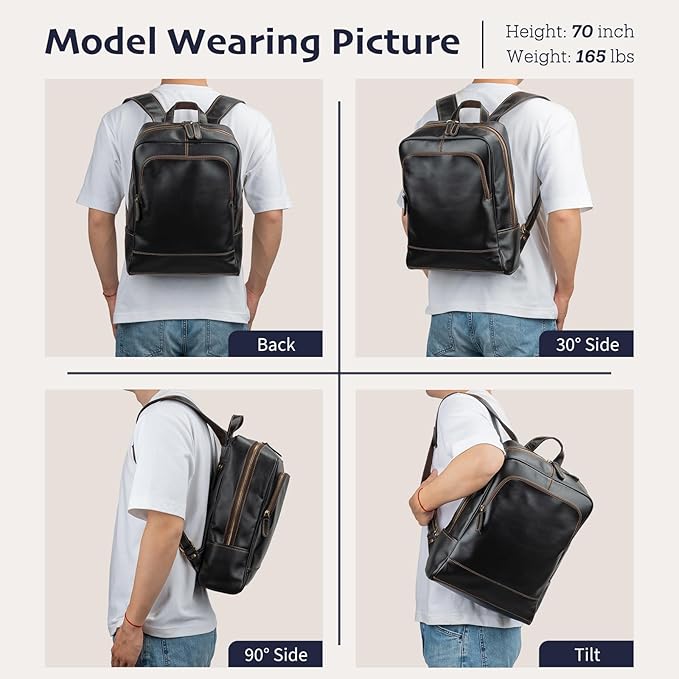 Leather Backpack for Men 15.6" Laptop Backpack 100% Madagascar top-Grain Leather Backpack Black Medium Size