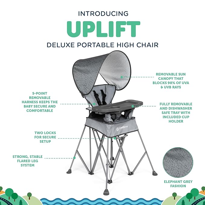 Baby Delight Go with Me Uplift Deluxe Portable High Chair | Travel High Chair | Sun Canopy | Indoor and Outdoor | Elephant Grey