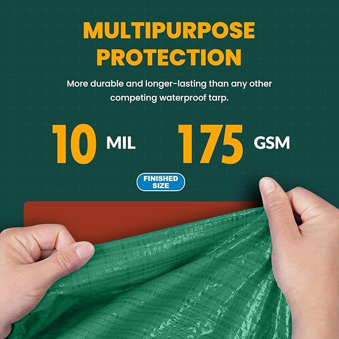 Large Waterproof Tarp - Heavy Duty 10 Mil Thick Poly Tarpaulin Ideal for Canopy Tents, Boats, RV or Pool Covers - Multipurpose Protective Tarps with Grommets for Indoor, Outdoor Use | 12' x 12' 2 Pack